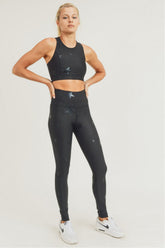 Black Starlight High Waisted Leggings by Fitkitty Culture featuring a star print and foil design, perfect for yoga and athleisure wear.