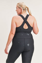 Fitkitty Culture Starlight Star foil sports bra with metallic design, supportive fit, ideal for yoga and active wear.