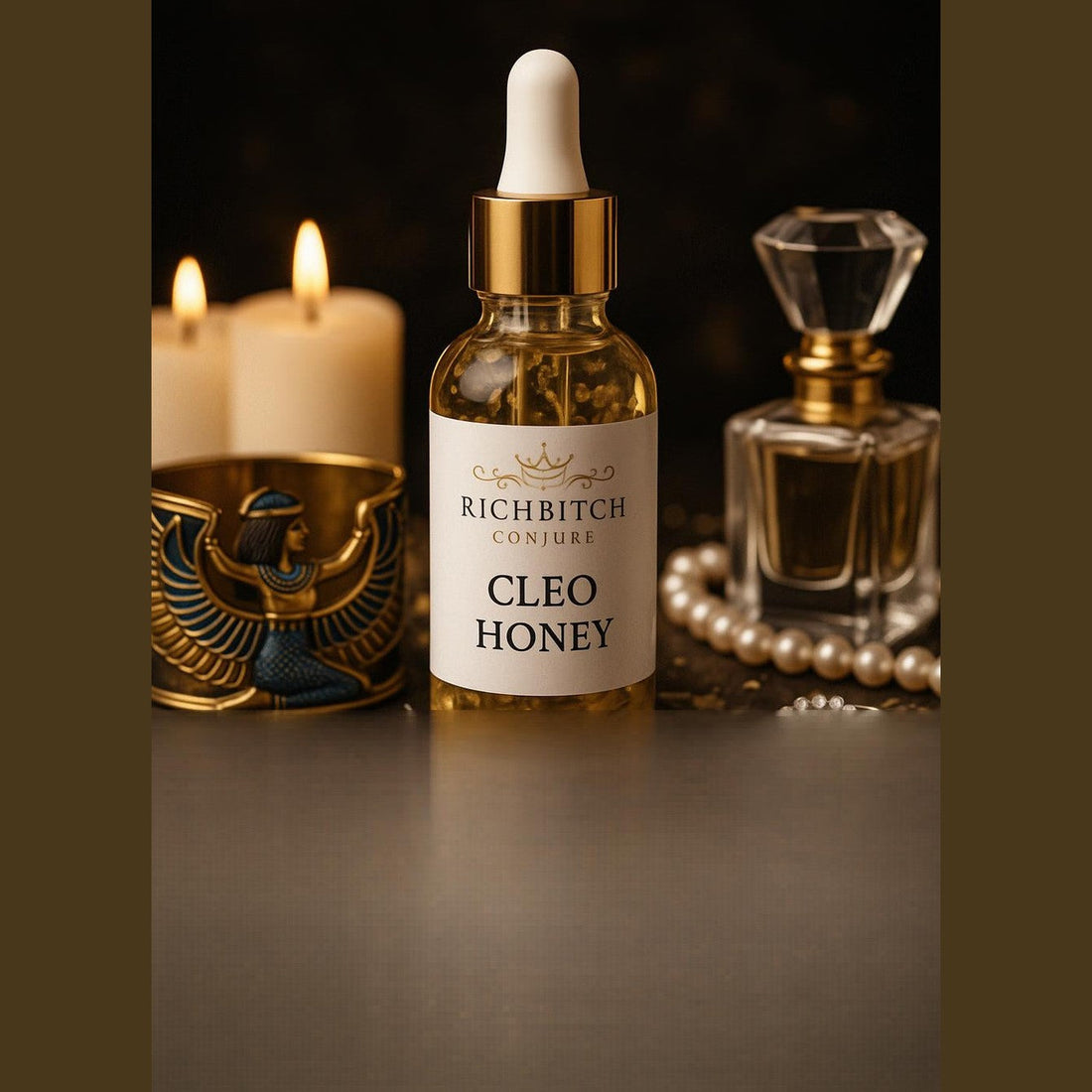 Rich Bitch Conjure Cleo Honey Hoodoo Oil bottle for attracting wealth, love, and high-class influence.
