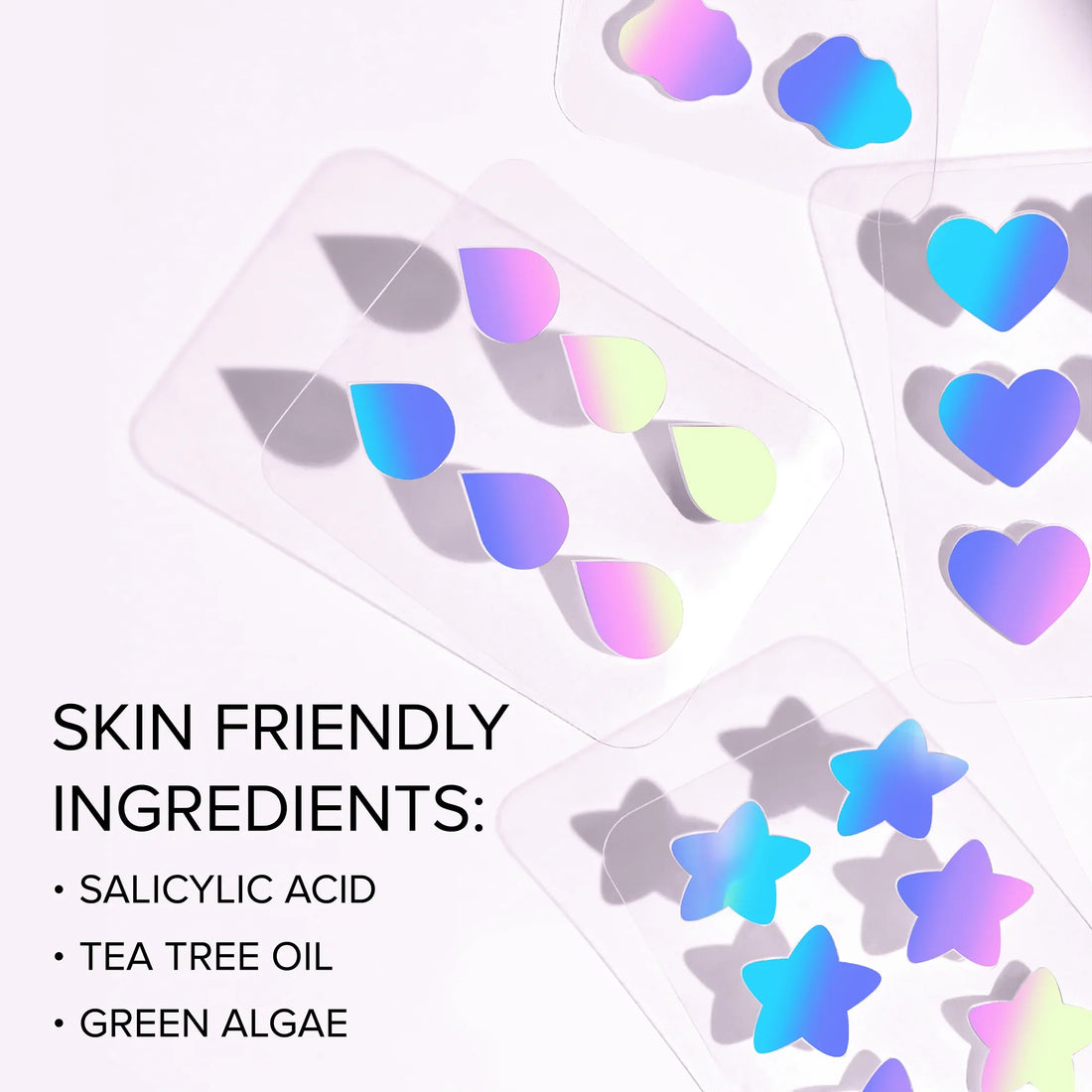 Set of four Maree Pimple &amp; Acne Patches on clear skin, showing how they cover and treat blemishes effectively.