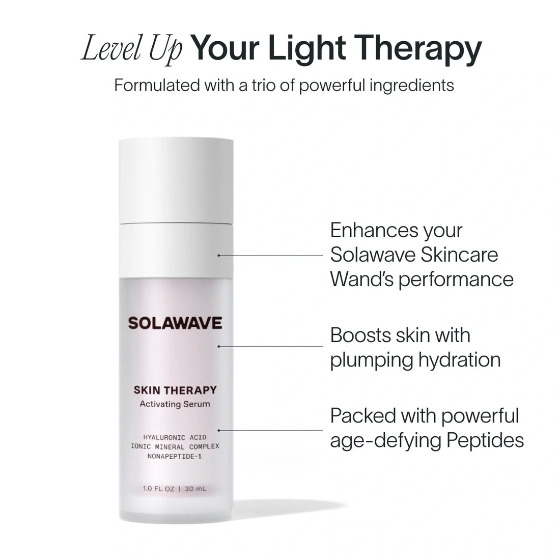Solawave Skin Therapy Activating Serum in a clear dropper bottle, skincare topical for improving skin health and radiance