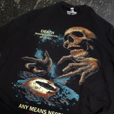 Black Agnostic T-Shirt from Any Means Necessary Clothing featuring a front close-up view of the shirt&