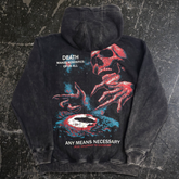 Black Agnostic zip-up hoodie by Any Means Necessary Clothing, shown from the back with a full-zip front and hood.