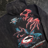 Black Agnostic zip-up hoodie by Any Means Necessary Clothing, shown from the back with a close-up view of the hood and zipper.
