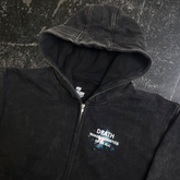 Black Agnostic zip-up hoodie by Any Means Necessary Clothing, shown from the back with a close-up view of the hood and zipper.