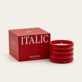 Italic soy wax ceramic candle with a sleek white design and subtle Amalfi lemon scent label.
