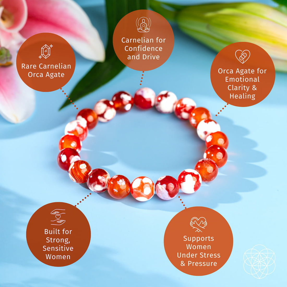 Feminine Force Carnelian Orca Agate bracelet by Conscious Items featuring vibrant orange and black patterned agate beads.