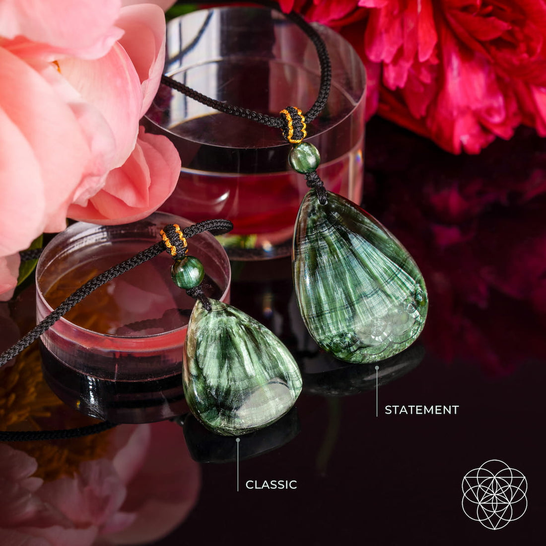 Seraphinite pendant necklace called The Angel by My Side from Conscious Items, featuring a detailed view of the rare gemstone.