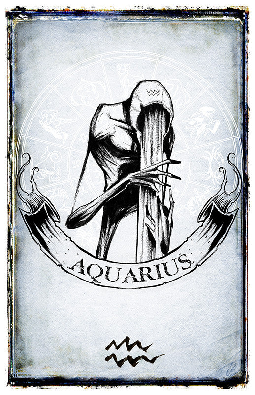 Aquarius zodiac poster by Shawn Coss featuring artistic illustration of the water bearer symbol on a colorful background.