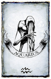 Aquarius zodiac poster by Shawn Coss featuring artistic illustration of the water bearer symbol on a colorful background.