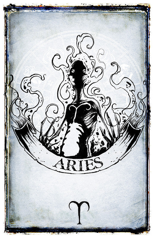 Aries zodiac poster featuring a detailed illustration of the Aries symbol and artwork by Shawn Coss.