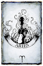 Aries zodiac poster featuring a detailed illustration of the Aries symbol and artwork by Shawn Coss.