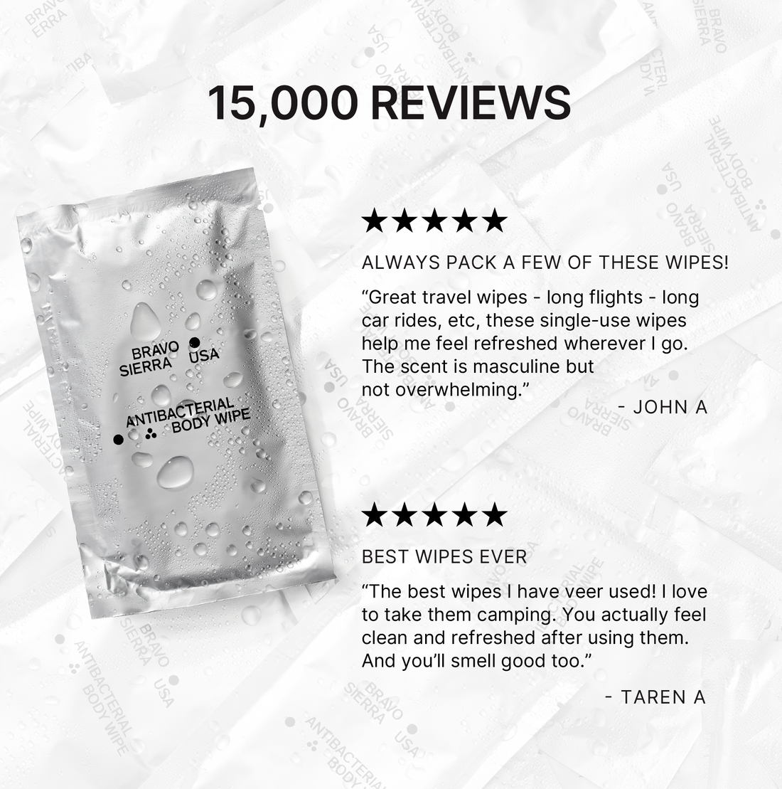 Bravo Sierra antibacterial body wipes, pack of body wipes showing soft fabric with antibacterial properties and refreshing scent.