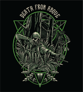 Black "Death From Above" T-shirt by Bow Crew Apparel featuring bold white text and a graphic design related to bow hunting.