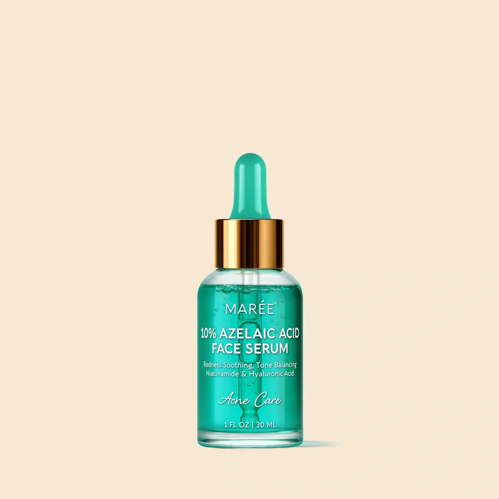 Maree Redness Soothing Azelaic Acid Serum in a clear glass bottle with dropper, designed to calm skin redness and irritation.
