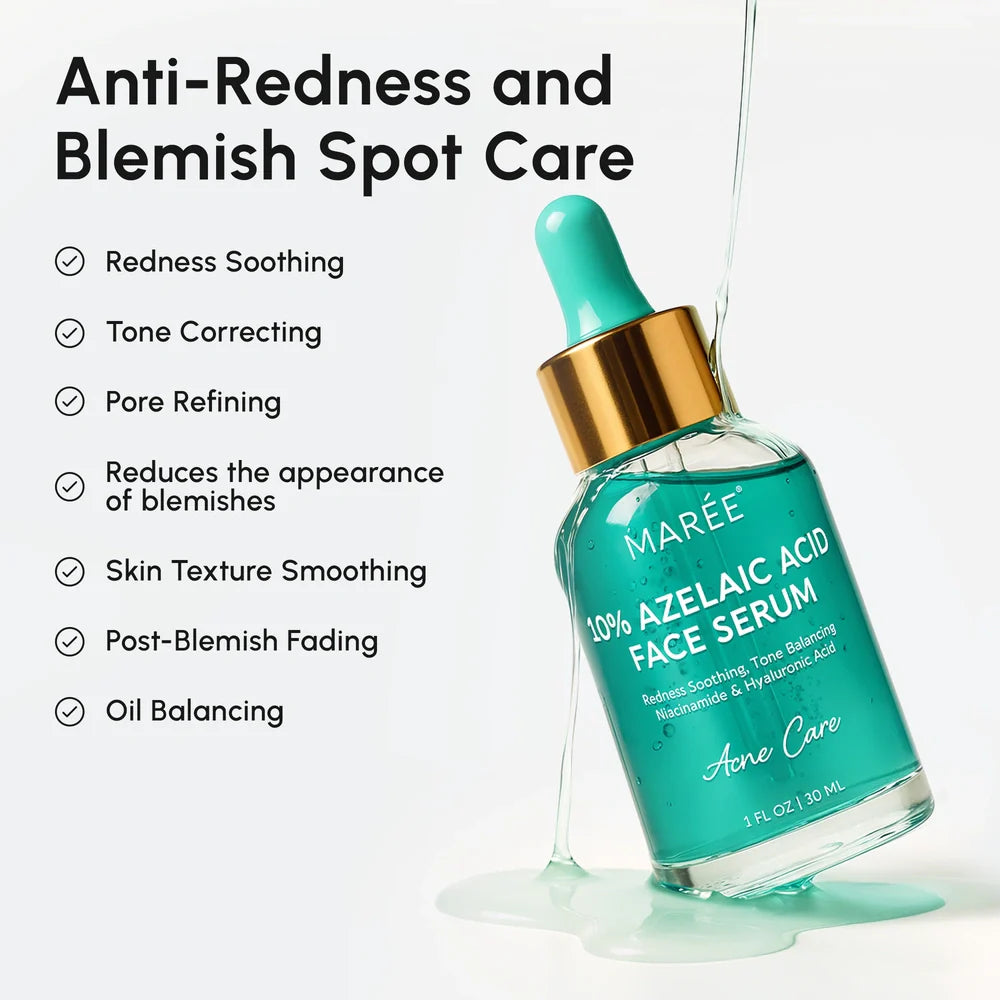 Maree Redness Soothing Azelaic Acid Serum in a clear glass bottle with dropper for calming facial skin treatment.