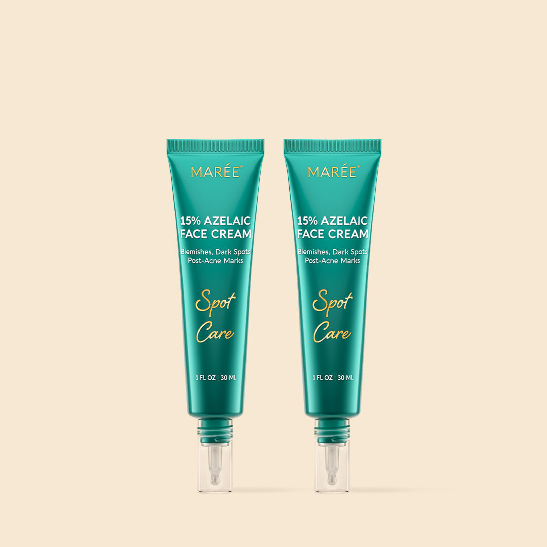 Maree Azelaic Acid Cream for sensitive skin, featuring smooth cream texture in a white jar with blue label and applicator.