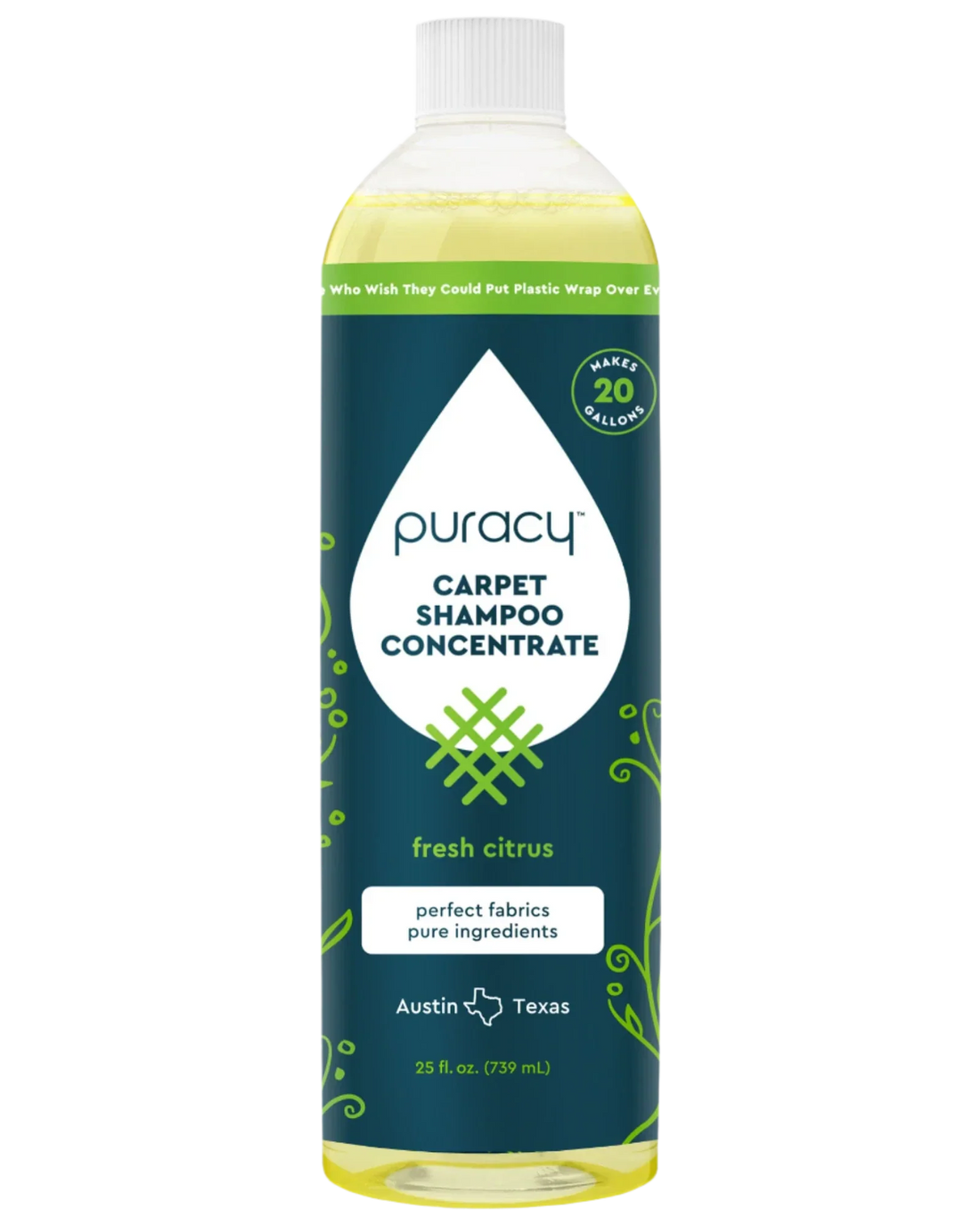 Puracy Carpet and Upholstery Shampoo bottle with label, showcasing the cleaning product for carpets and furniture.