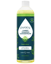 Puracy Carpet and Upholstery Shampoo bottle with label, showcasing the cleaning product for carpets and furniture.