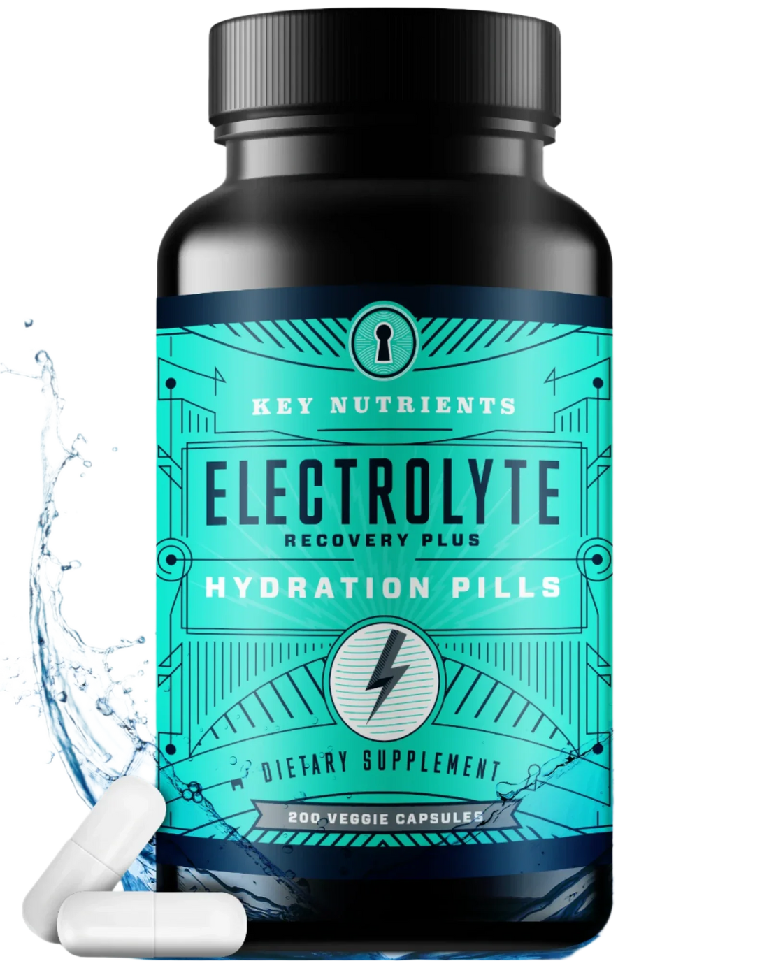 Key Nutrients electrolyte hydration pills in capsule form, showing the supplement bottle with labeled capsules for quick rehydration