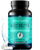 Key Nutrients electrolyte hydration pills in capsule form, showing the supplement bottle with labeled capsules for quick rehydration
