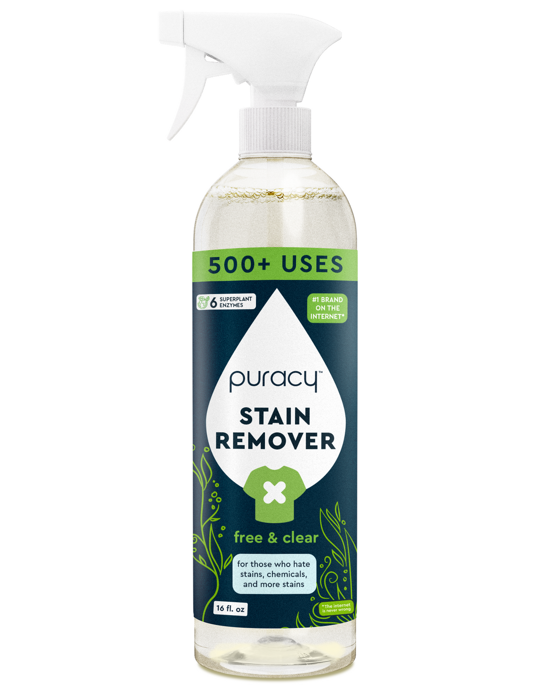 Puracy laundry stain remover bottle with applicator tip, designed to target and eliminate stains from clothing and fabrics.