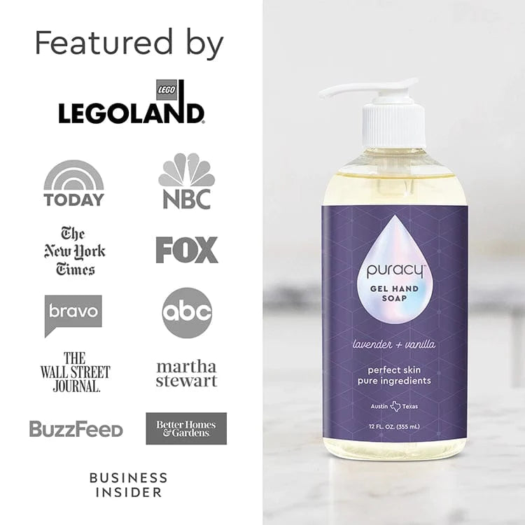 Puracy gel hand soap in a clear pump bottle with a blue label, shown with soap lather on hands.