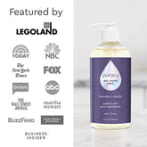 Puracy gel hand soap in a clear pump bottle with a blue label, shown with soap lather on hands.