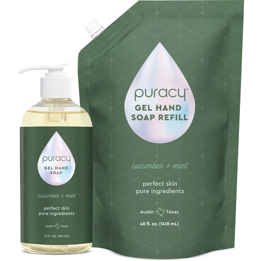 Puracy Gel Hand Soap in a 12oz bottle, clear liquid soap with a pump dispenser, suitable for handwashing and hygiene.