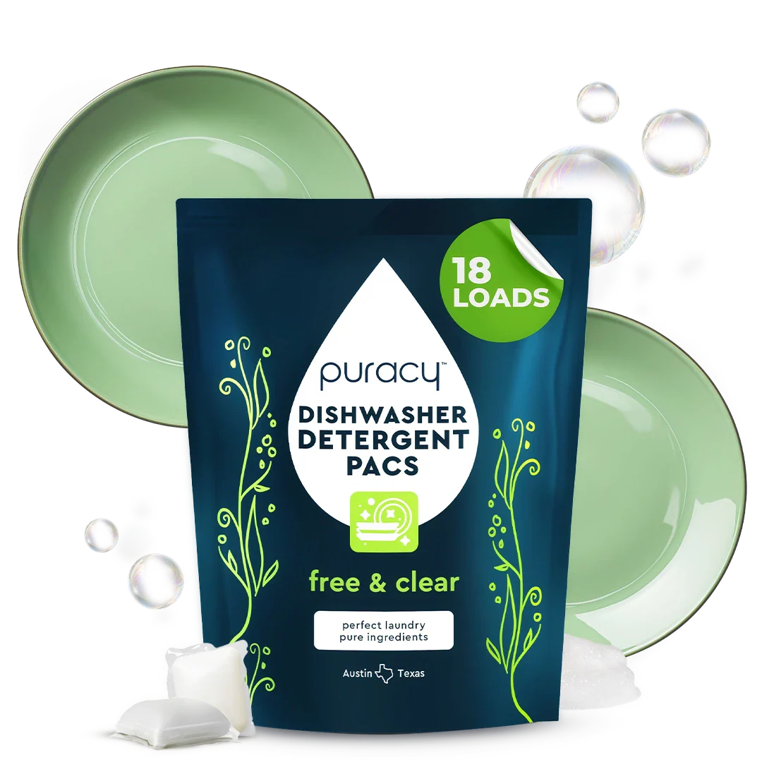 Puracy dishwasher detergent pods in a clear free formula, 18-count pack, showing the small, colorful pods in a transparent container.