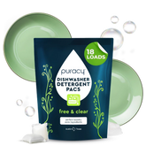 Puracy dishwasher detergent pods in a clear free formula, 18-count pack, showing the small, colorful pods in a transparent container.