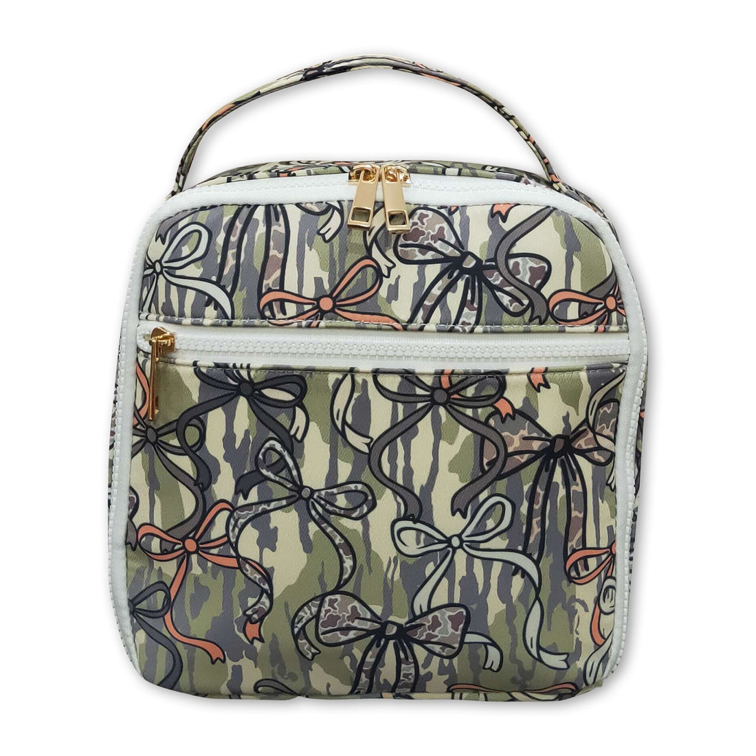 Mini Rodeo camo bow kids girls lunch box bag with adjustable strap and fun camo pattern, perfect for school and outings.