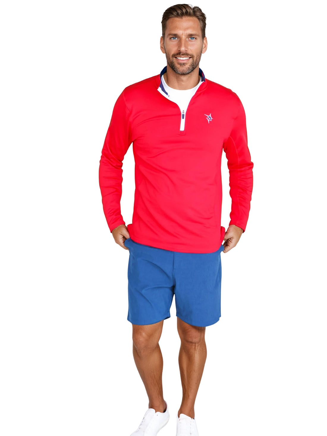 White Water Life Montauk quarter zip in midweight comfort, showing the navy blue quarter zip with a stand collar and logo detail.