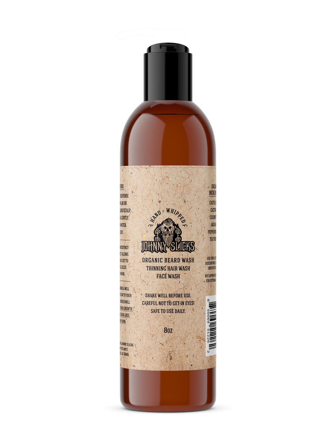 Organic Johnny Slicks beard wash in a 8oz bottle, featuring a hand-whipped formula for cleansing and softening facial hair.