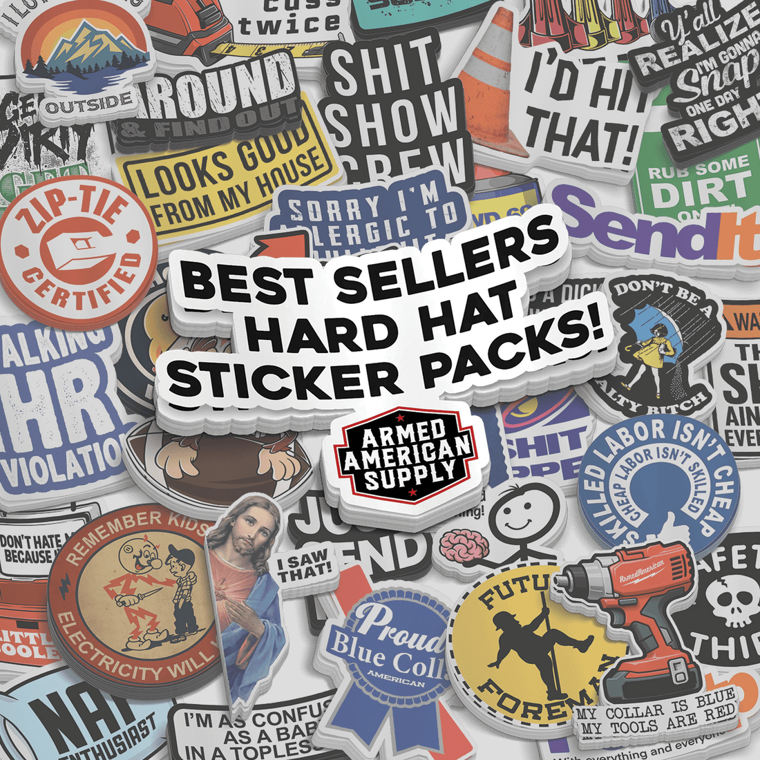 Collection of Armed American Supply Best Seller decal sticker packs featuring bold, patriotic designs on clear sheets.