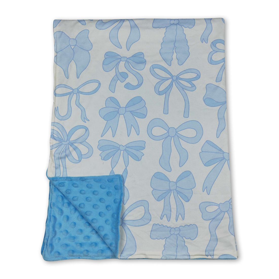 Light blue polka dot baby blanket with bows from Mini Rodeo, made of soft minky fabric for baby girls.