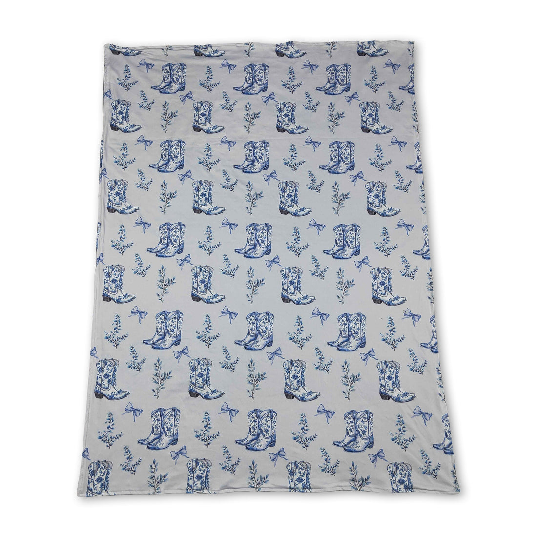 Light blue floral bow blanket for baby girls by Mini Rodeo, featuring western-inspired design and soft, cozy fabric.