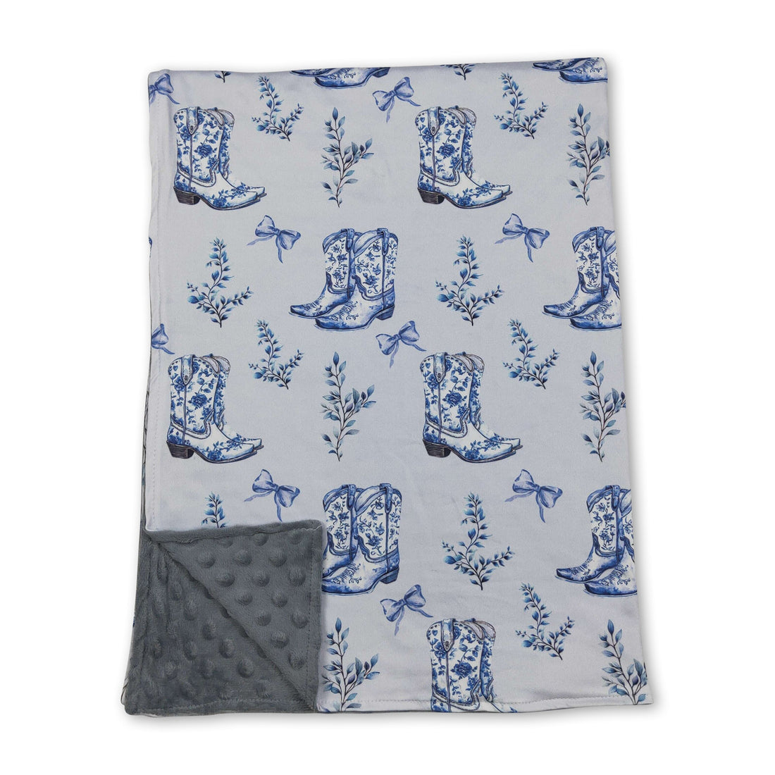 Light blue floral bow baby blanket by Mini Rodeo featuring western-inspired design and soft, cozy fabric.