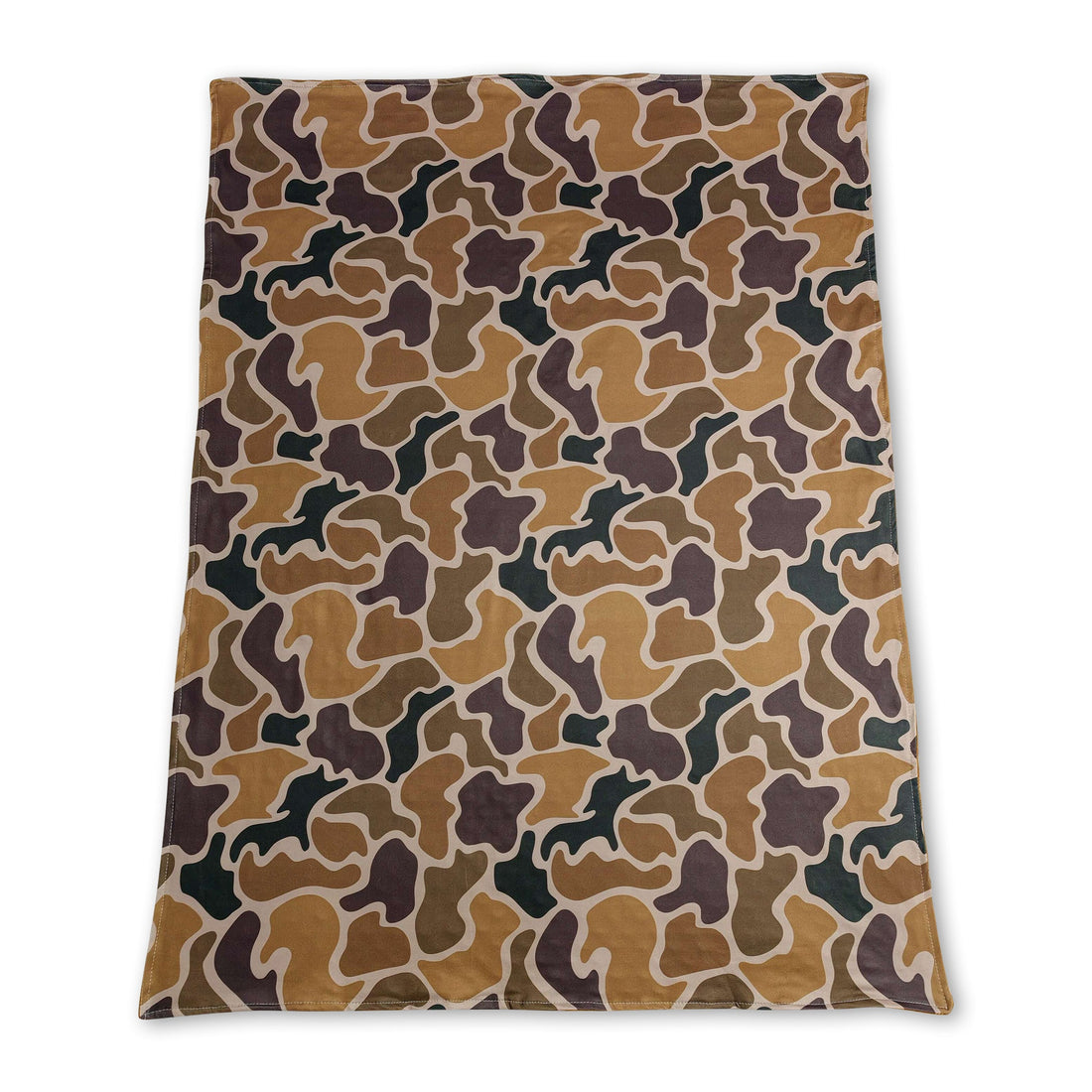 Brown polka dots camo baby boy hunting blanket by Mini Rodeo, soft fabric with a camouflage and polka dot pattern for infants.