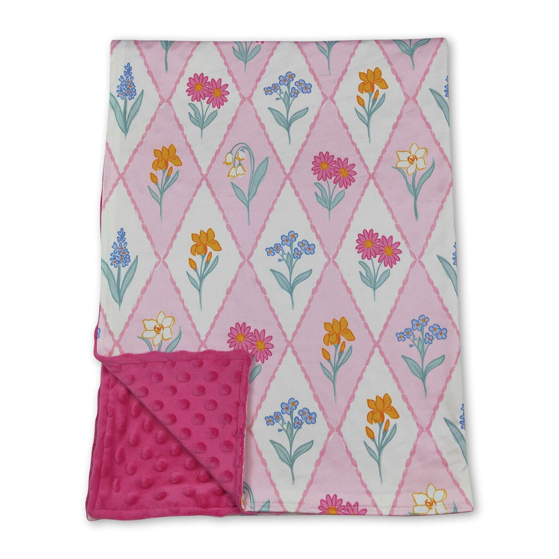 Hot pink polka dots and floral minky baby girl blanket by Mini Rodeo, soft and cozy with vibrant patterns.