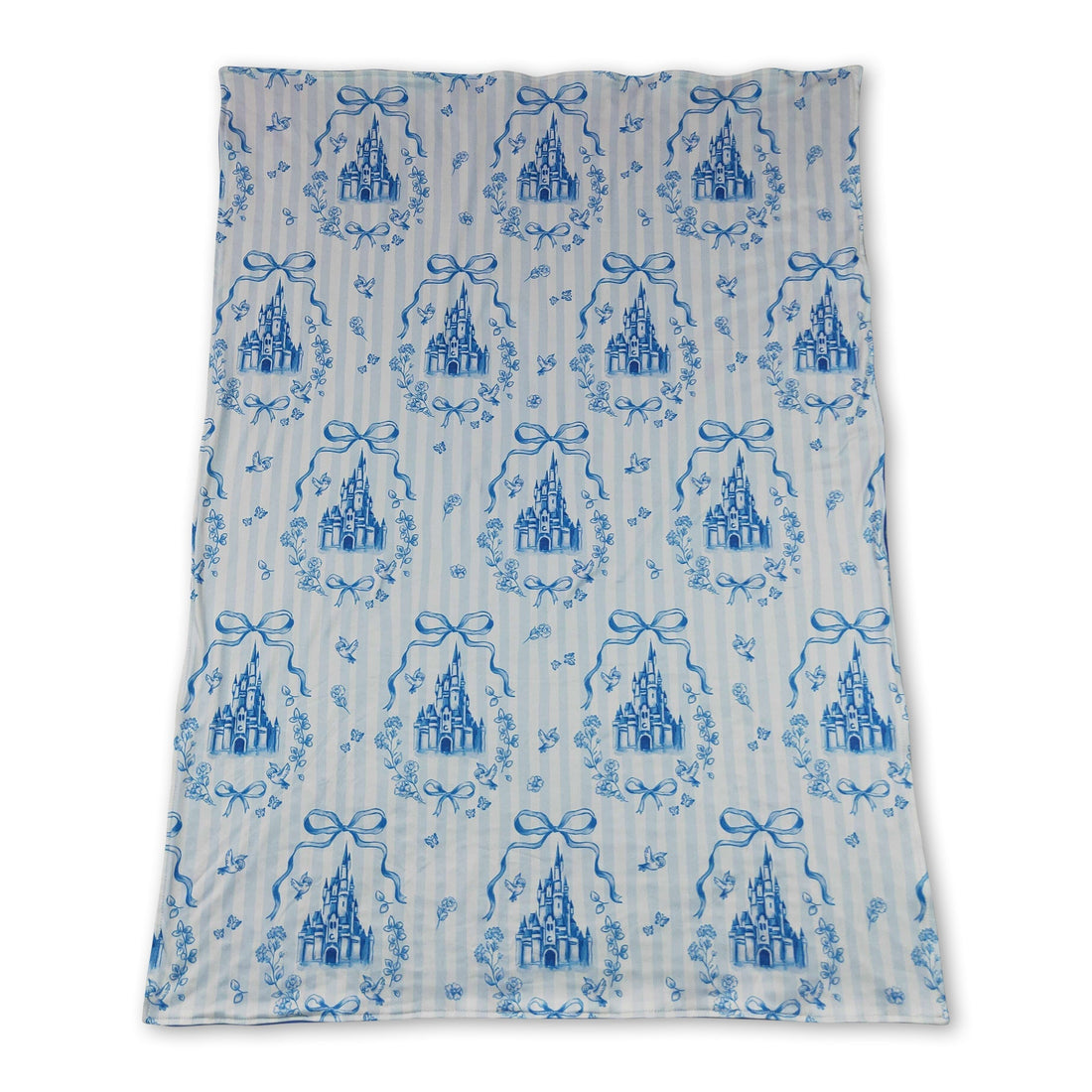 Blue stripe castle bow baby girl blanket by Mini Rodeo featuring soft fabric and charming bow details.