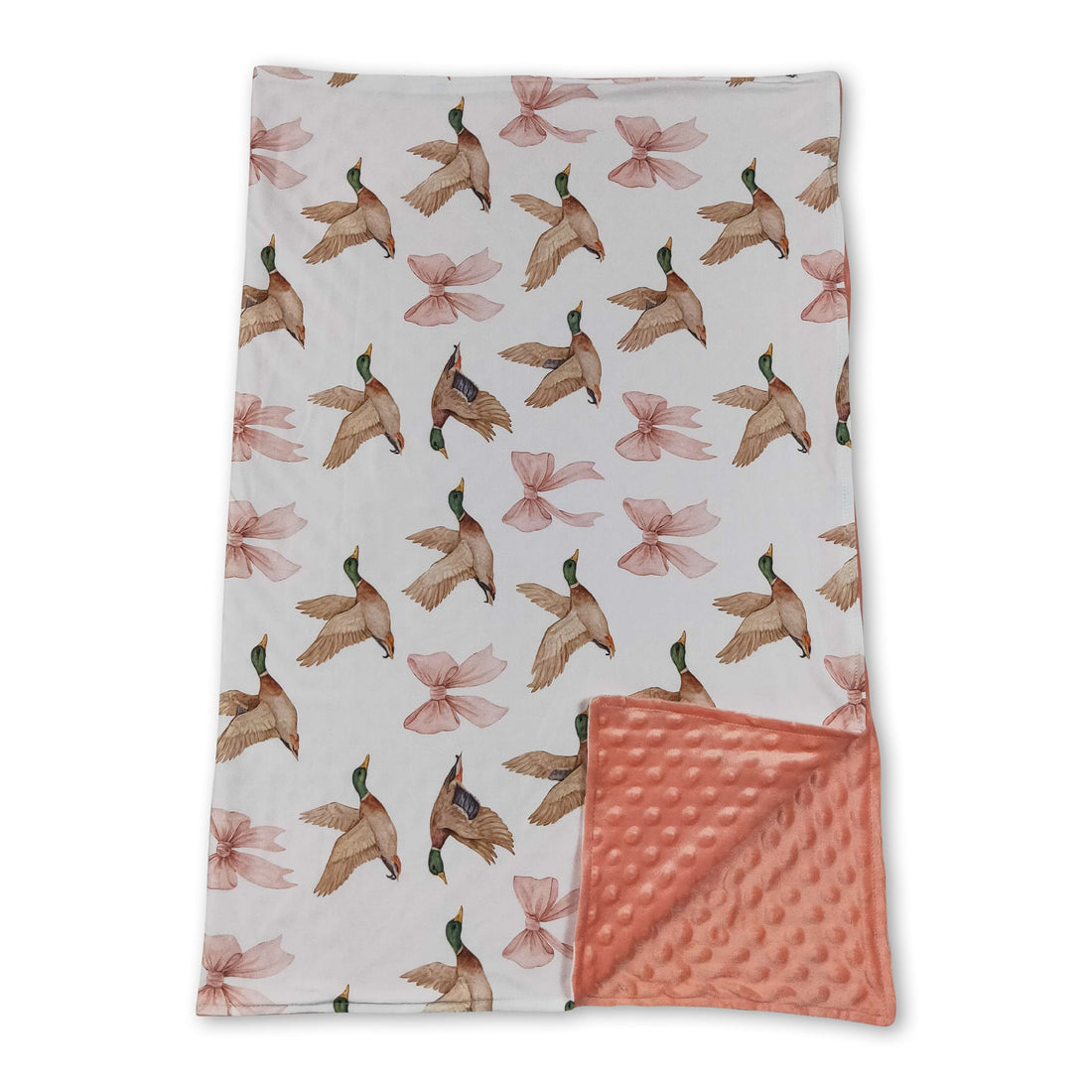 Pink bow duck hunting baby girl blanket by Mini Rodeo featuring adorable duck pattern and soft fabric.