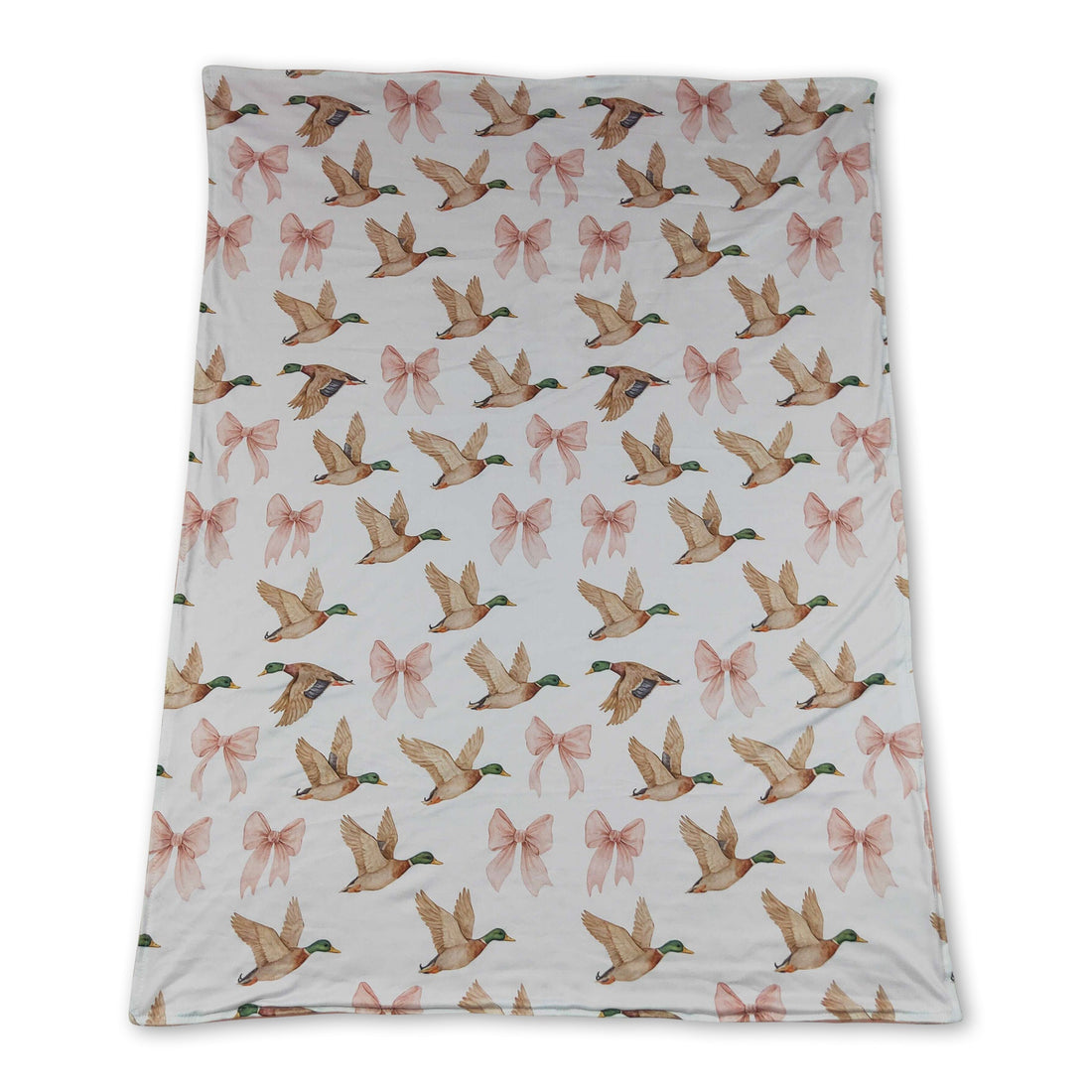 Pink bow duck hunting baby girl blanket by Mini Rodeo, soft and cozy with adorable duck and bow design.