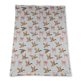 Pink bow duck hunting baby girl blanket by Mini Rodeo, soft and cozy with adorable duck and bow design.