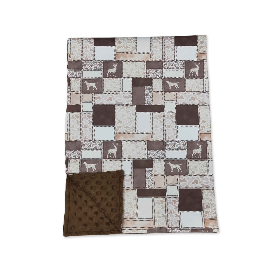 Brown camo duck hunting baby blanket by Mini Rodeo featuring deer and duck patterns for boys.