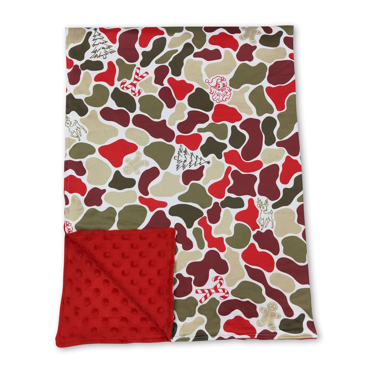 Soft gingerbread Santa camo blanket for babies and kids by Mini Rodeo, featuring festive Christmas holiday design.