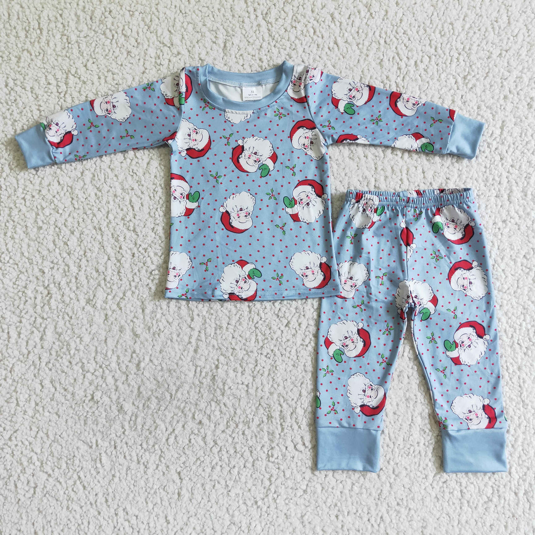 Blue santa polka dots long sleeve baby kids Christmas pajamas