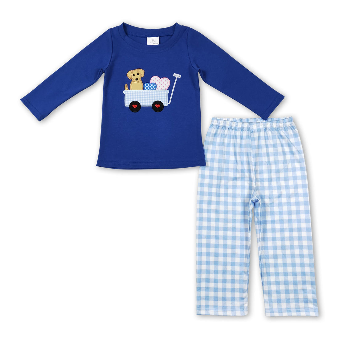 Blue dog heart top plaid pants boy Valentine&