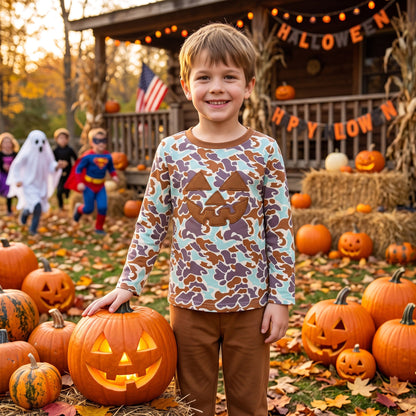 Long sleeves camo pumpkin embroidery boys Halloween outfit