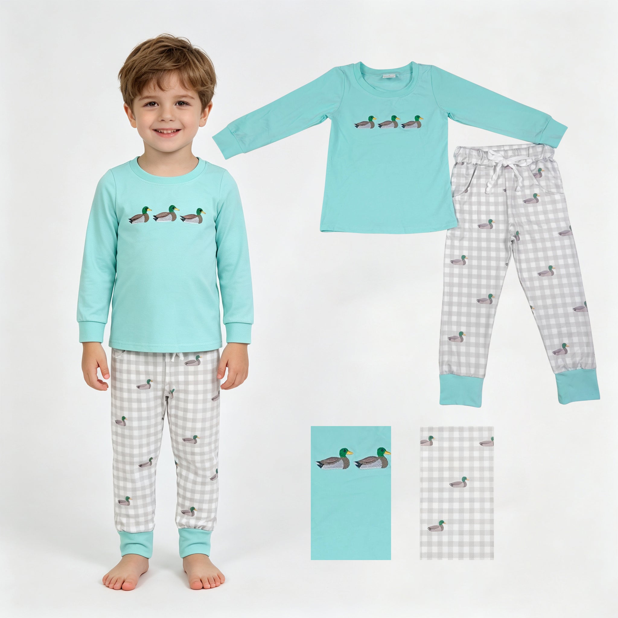 Long sleeves duck embroidery plaid pants kids boys outfits